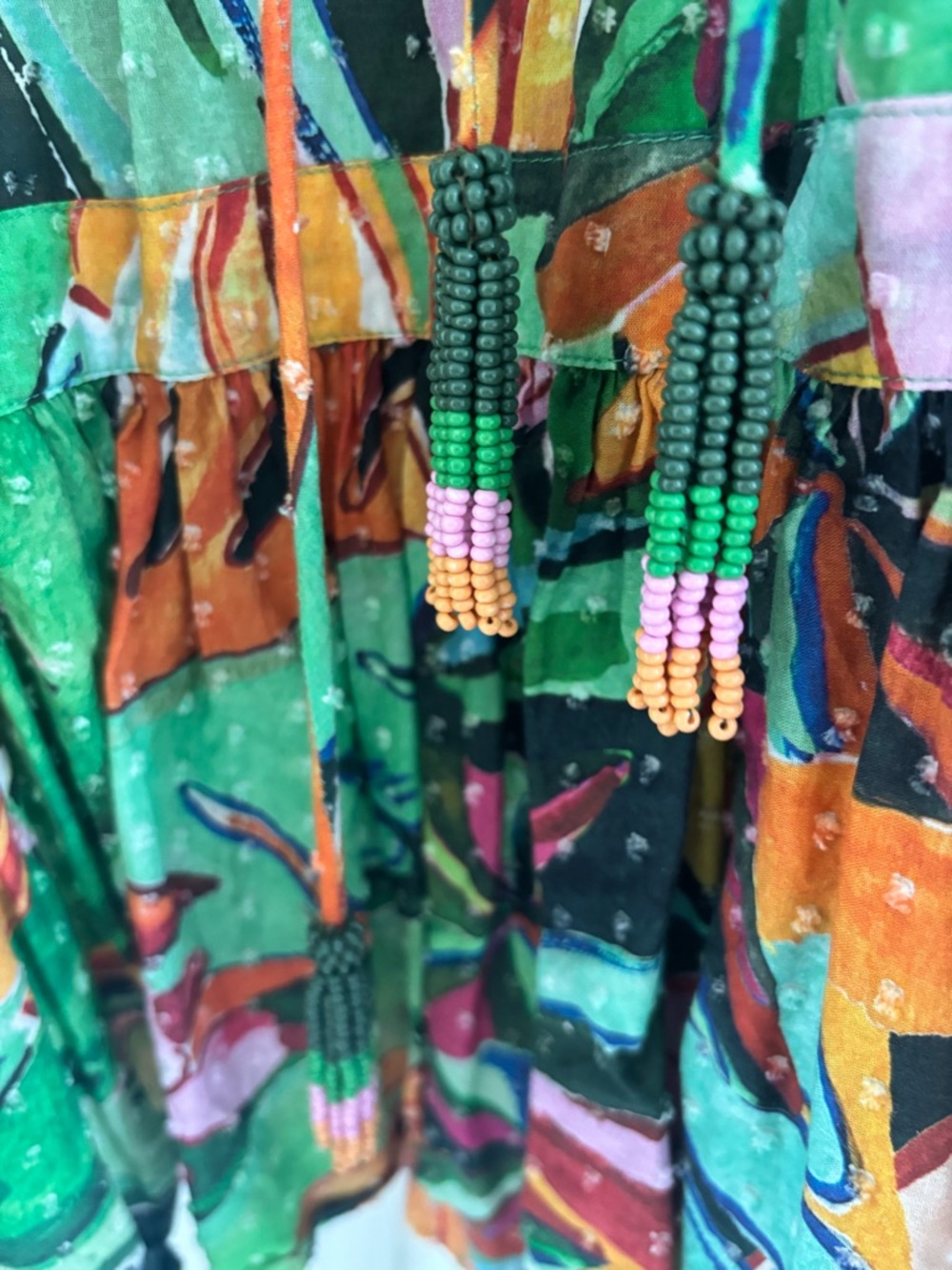 FARM Rio Multicolor Beaded Tassel Maxi Dress — Green, Orange, Pink, Black